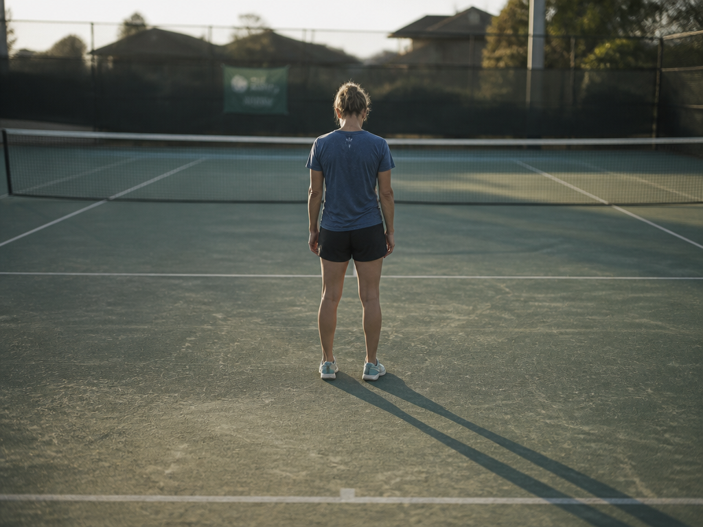 A worn green hard court at a suburban club photographed from behind the baseline…