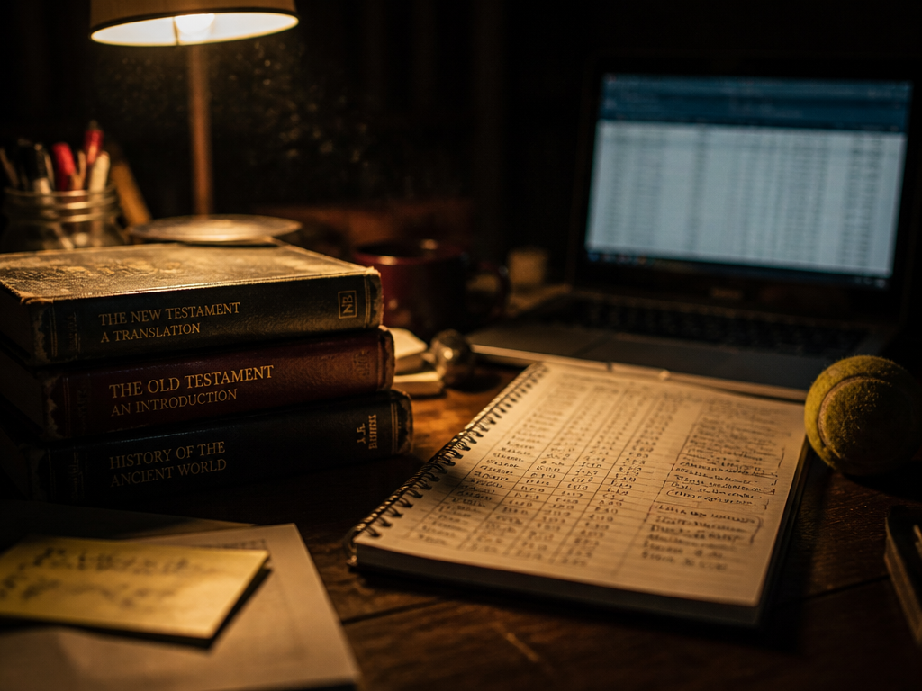 A cluttered wooden desk at night lit by a single warm lamp, three worn…