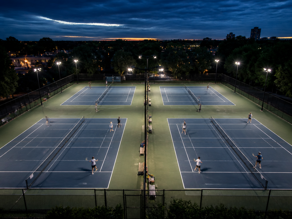 Wide overhead view of a public tennis court complex at dusk photographed from an…