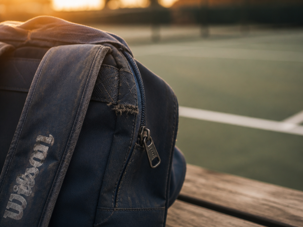 A worn navy tennis backpack photographed alone on a weathered wooden bench beside an…