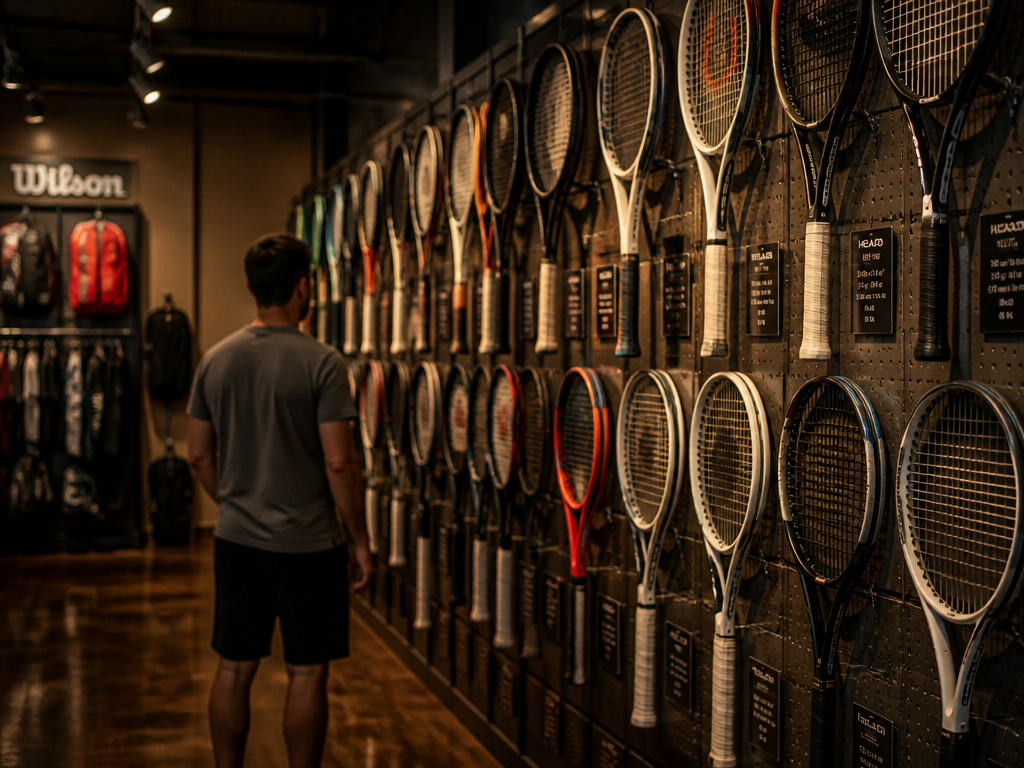A photograph of a tennis pro-shop wall at dusk, dozens of racquets hanging in…