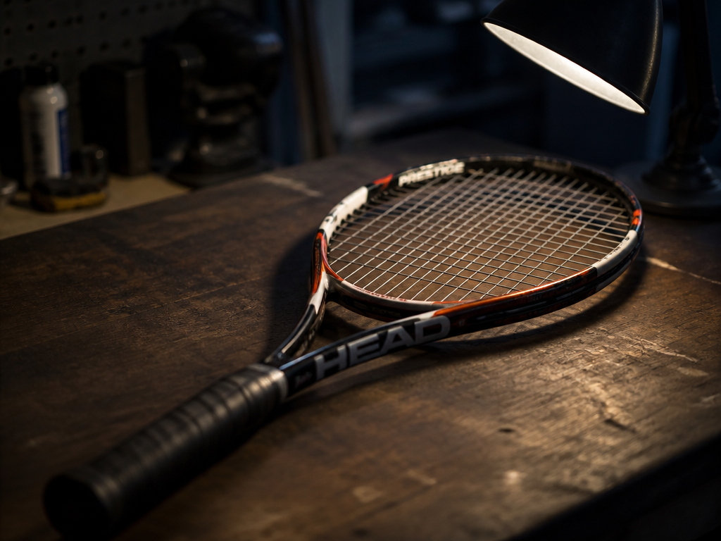 A tennis racquet lying alone on a dark walnut workbench under a single angled…