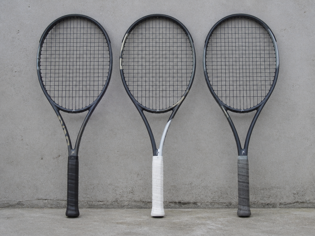 Three nearly identical tennis racquets standing upright side by side against a plain concrete…