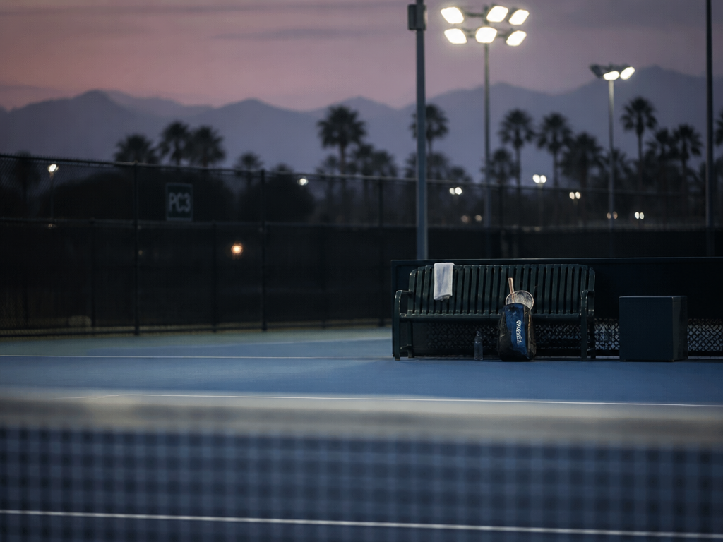 A long telephoto view across an empty blue hard court at dusk toward an…