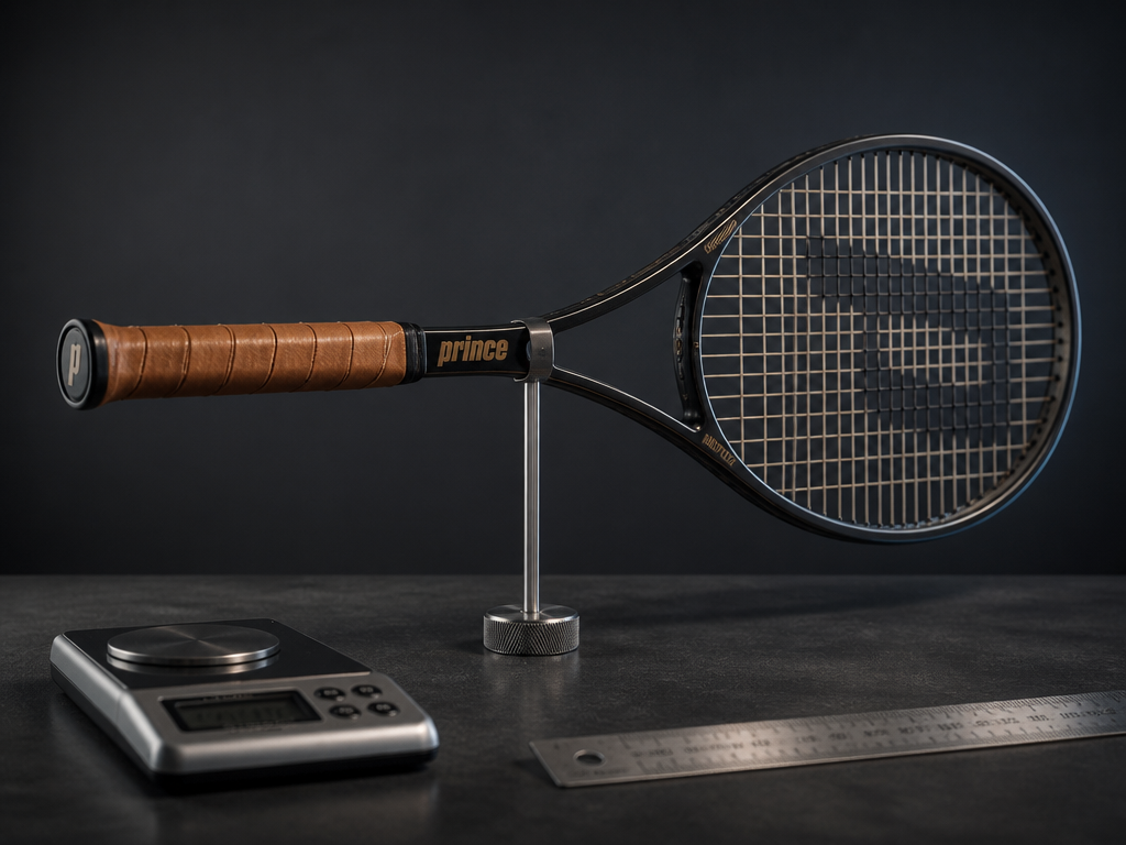 Studio still life of a single tennis racquet balanced horizontally on a slim steel…