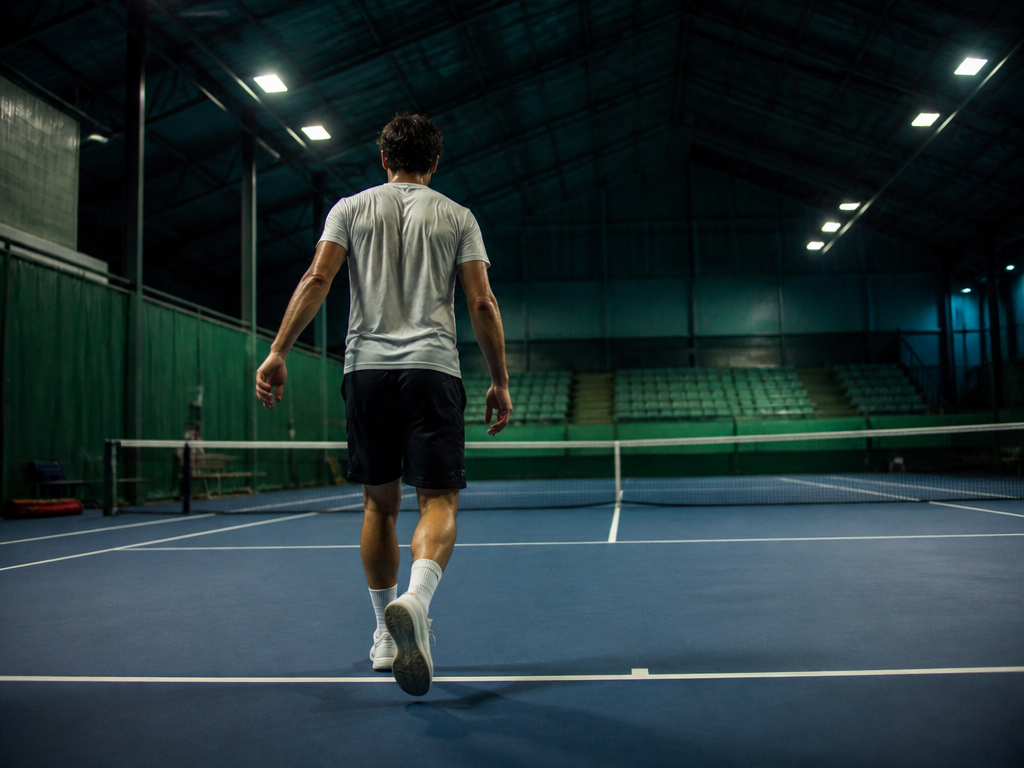 Indoor tennis club at night, wide-angle photograph from behind the baseline of a player…