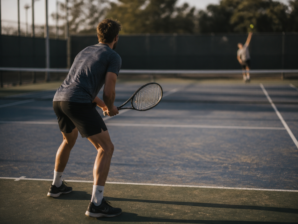 A photorealistic sports photograph shot from behind and slightly to the side of a…