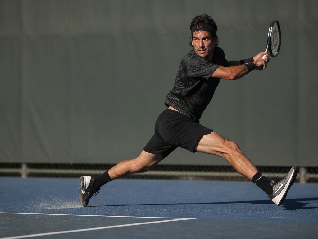 A photorealistic action photograph of an adult tennis player on a hard court, captured…