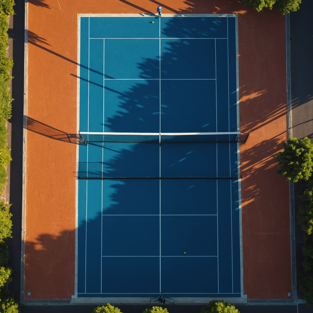 Overhead aerial photograph of an empty regulation tennis court at golden hour, viewed from…