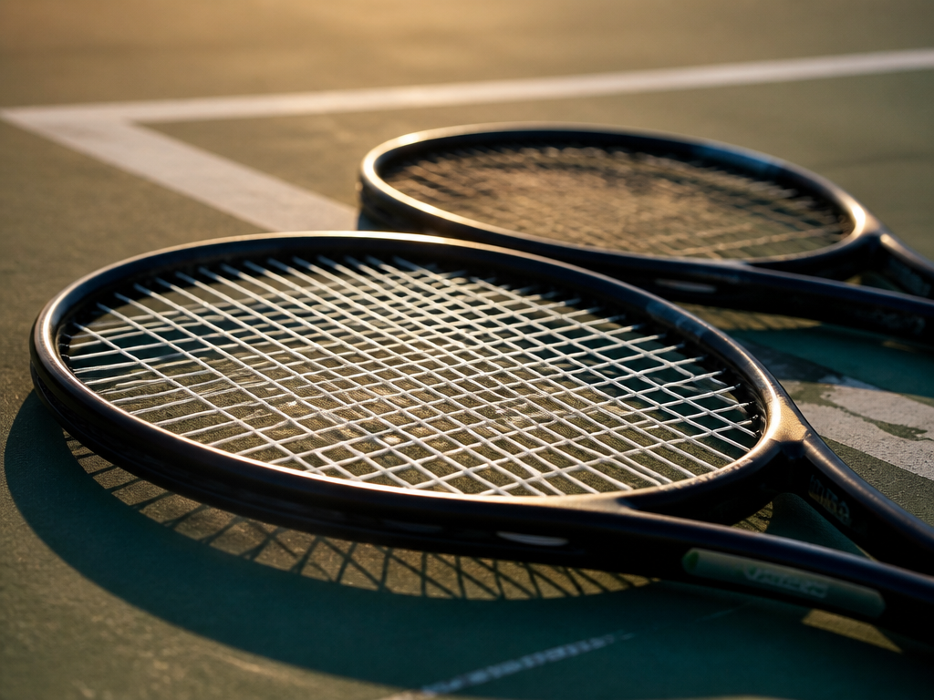 A close-up photograph of two tennis rackets lying side by side on the worn…
