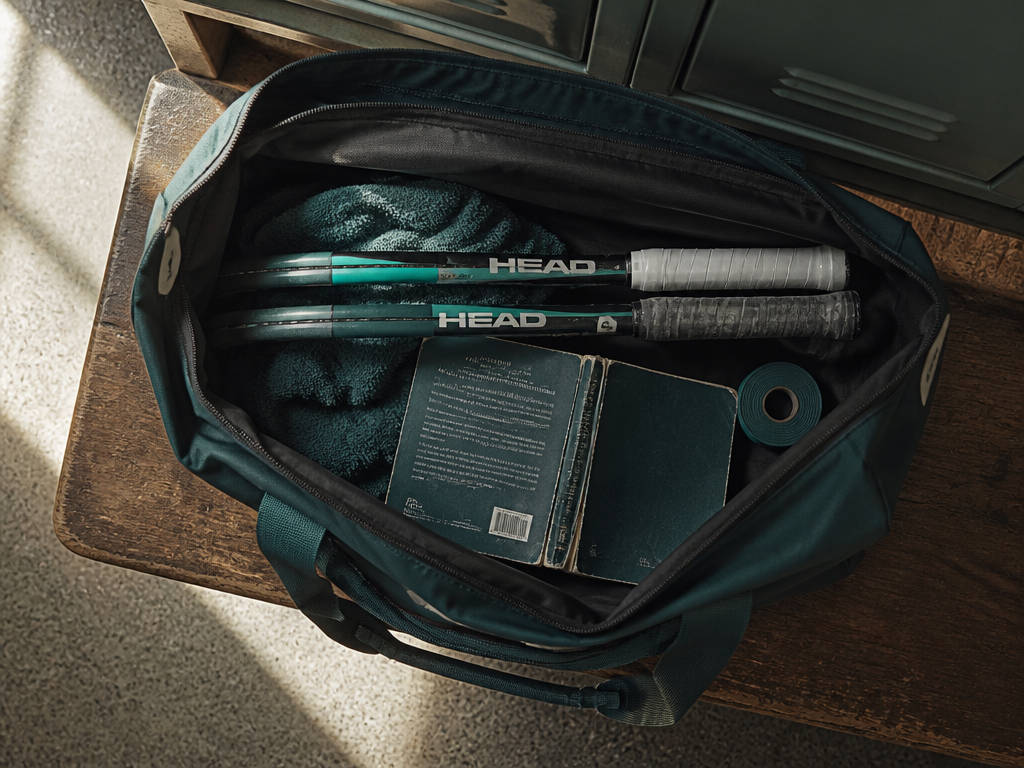 A photorealistic overhead flat-lay of an open tennis bag on a locker room bench…