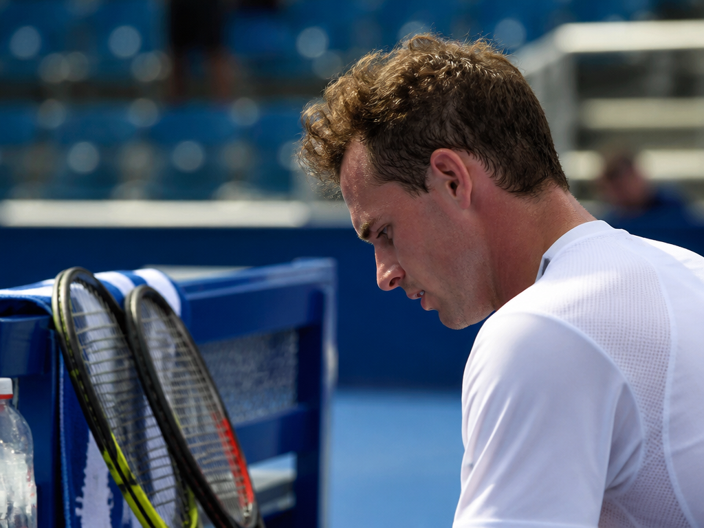 A documentary-style photograph of a tennis player seated on a courtside bench during a…
