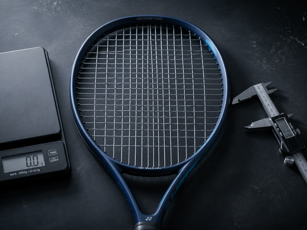 A single modern tennis racquet lying flat on a matte charcoal workbench beside a…