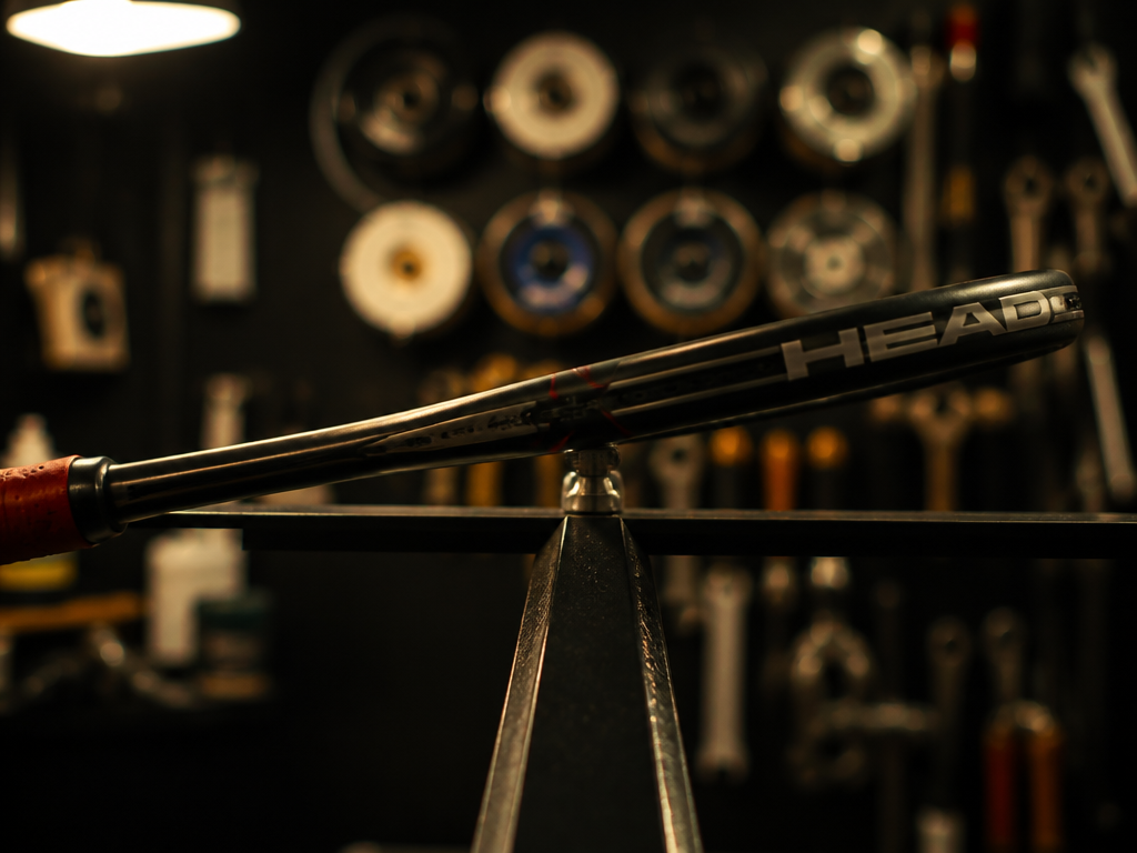 Close-up macro photograph of a tennis racquet's balance point being tested on a narrow…