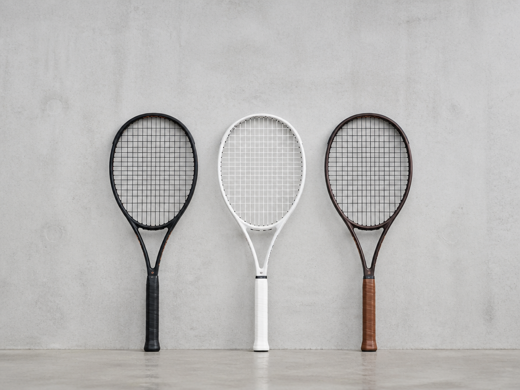 Three tennis racquets standing upright side by side against a seamless pale concrete wall…