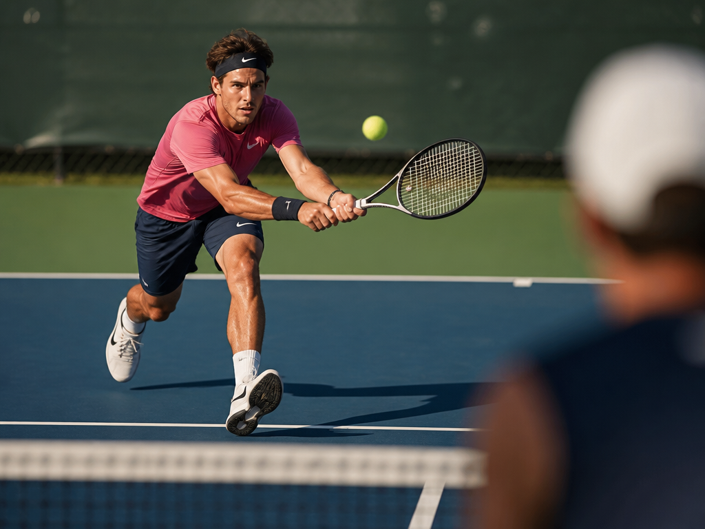 A tightly framed action photograph of a doubles net player at a club tennis…