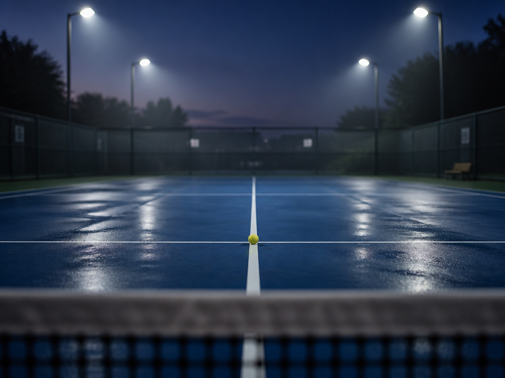 A quiet, atmospheric photograph of an empty club tennis court at dusk, shot from…