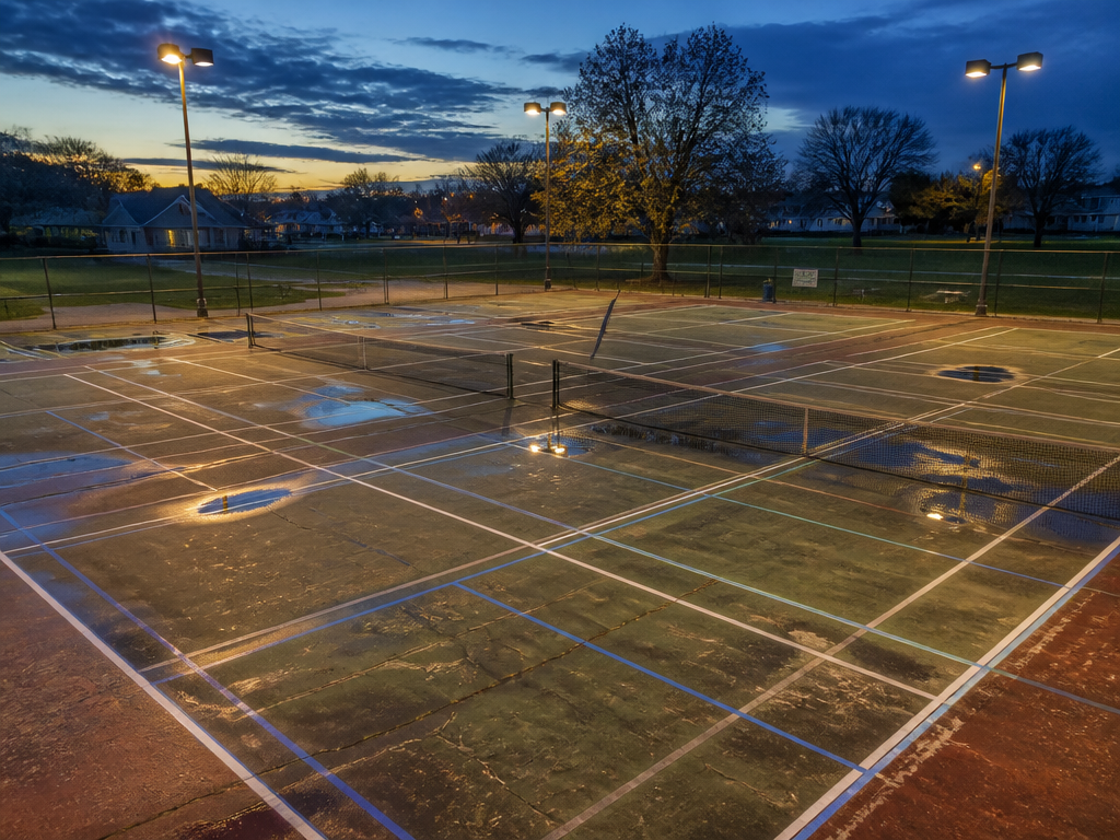 A wide-angle documentary photograph of a municipal tennis court at dusk, shot from an…