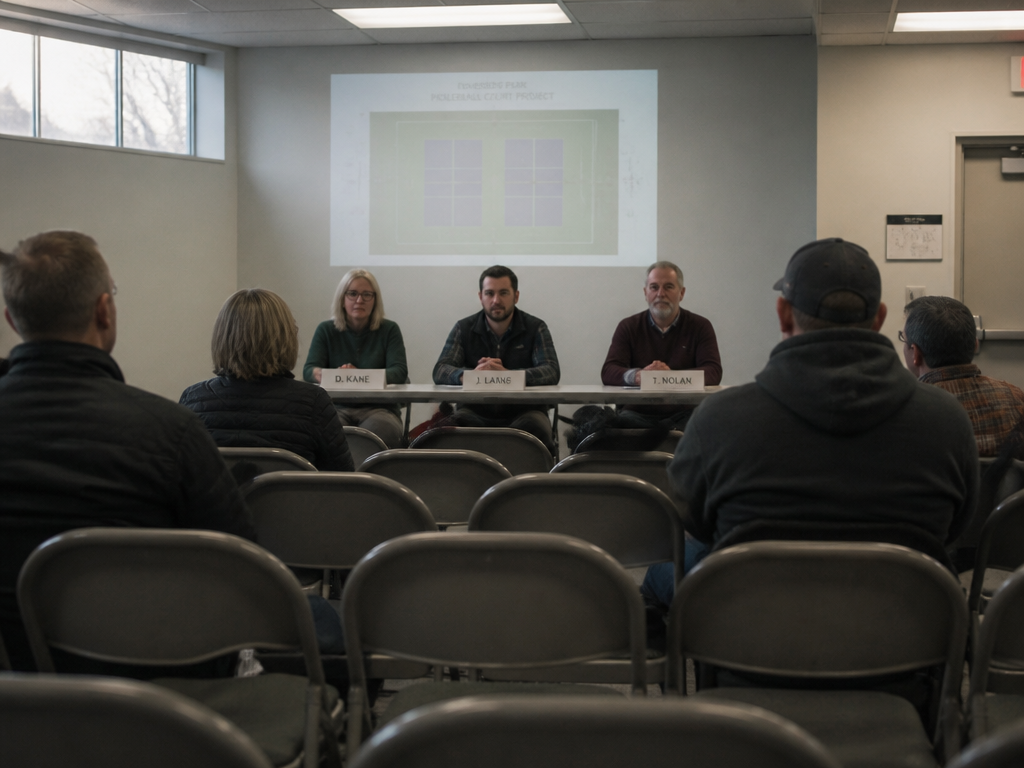 A photorealistic image of a public meeting room in a small-town civic building, photographed…