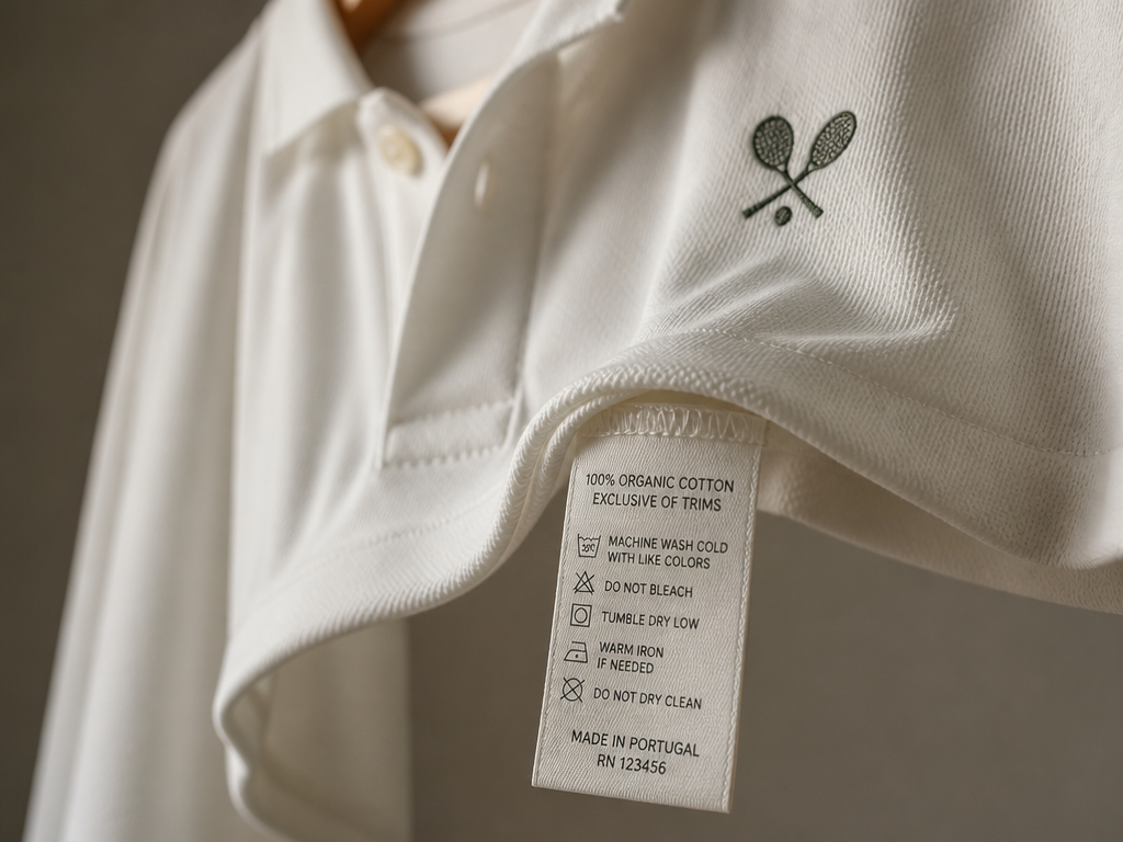 A close, tightly cropped photograph of a white tennis polo hanging on a wooden…