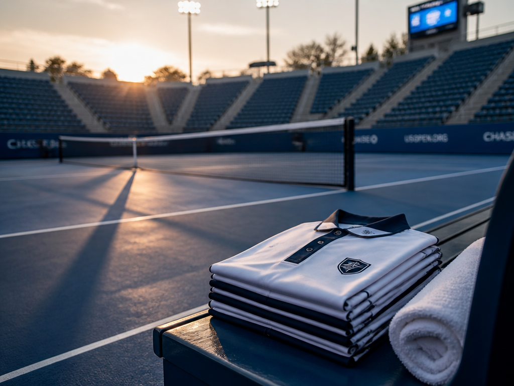 A photojournalistic wide shot of an empty blue hard court at dusk, taken from…