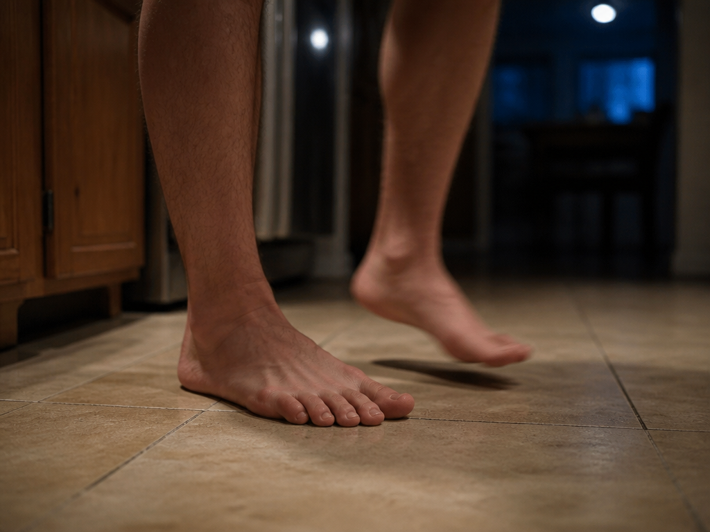 A photorealistic close-up photograph of a middle-aged man's bare feet on a worn kitchen…