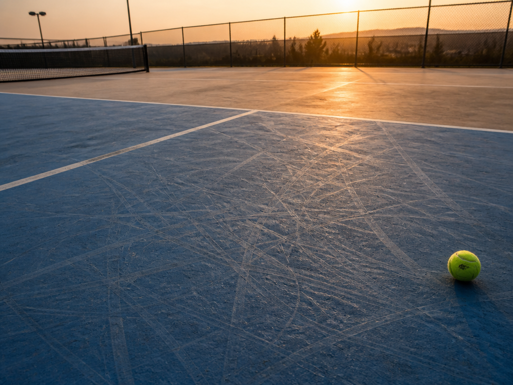A photorealistic image of an empty outdoor hard court at dusk, tight low-angle composition…