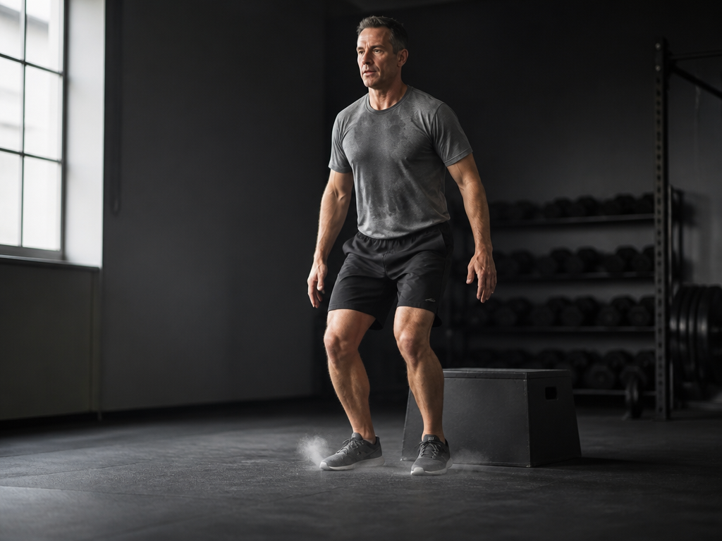 A photorealistic gym interior photograph of a man in his late forties mid-landing from…