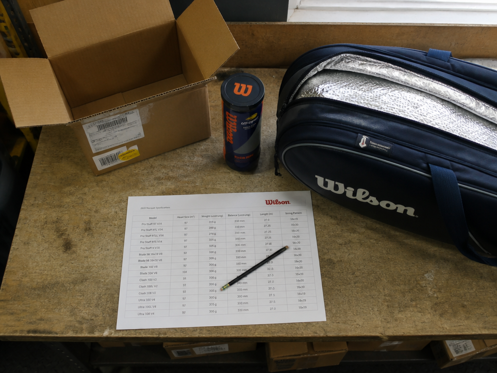 A photojournalistic overhead shot of a cluttered retail stockroom bench under mixed fluorescent and…