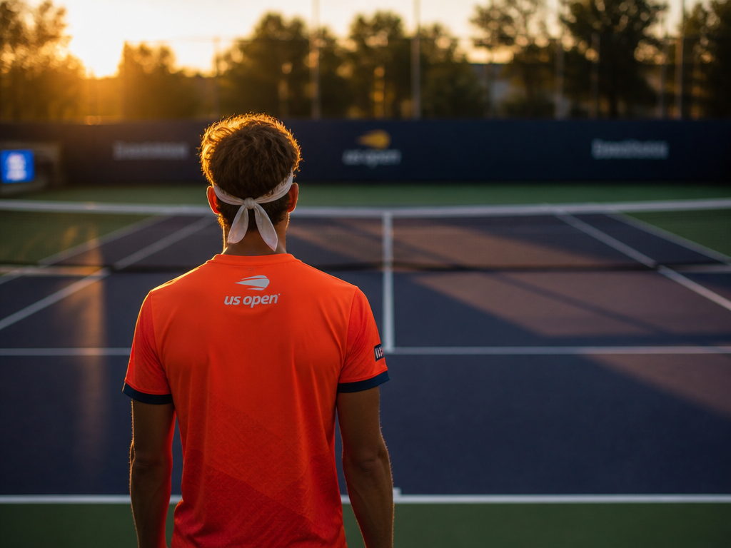 A quiet late-summer evening scene at a public hard court, shot from behind and…