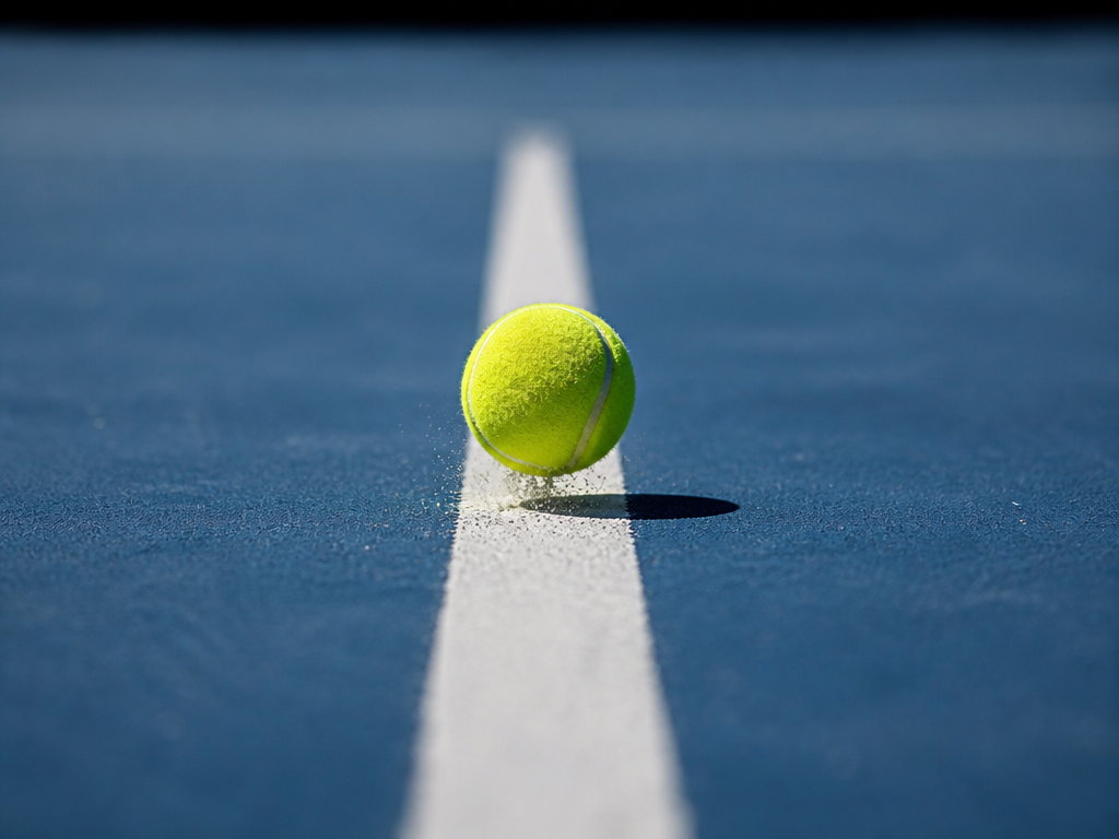 A wide, high-vantage photorealistic photograph of a single tennis ball frozen mid-bounce directly on…