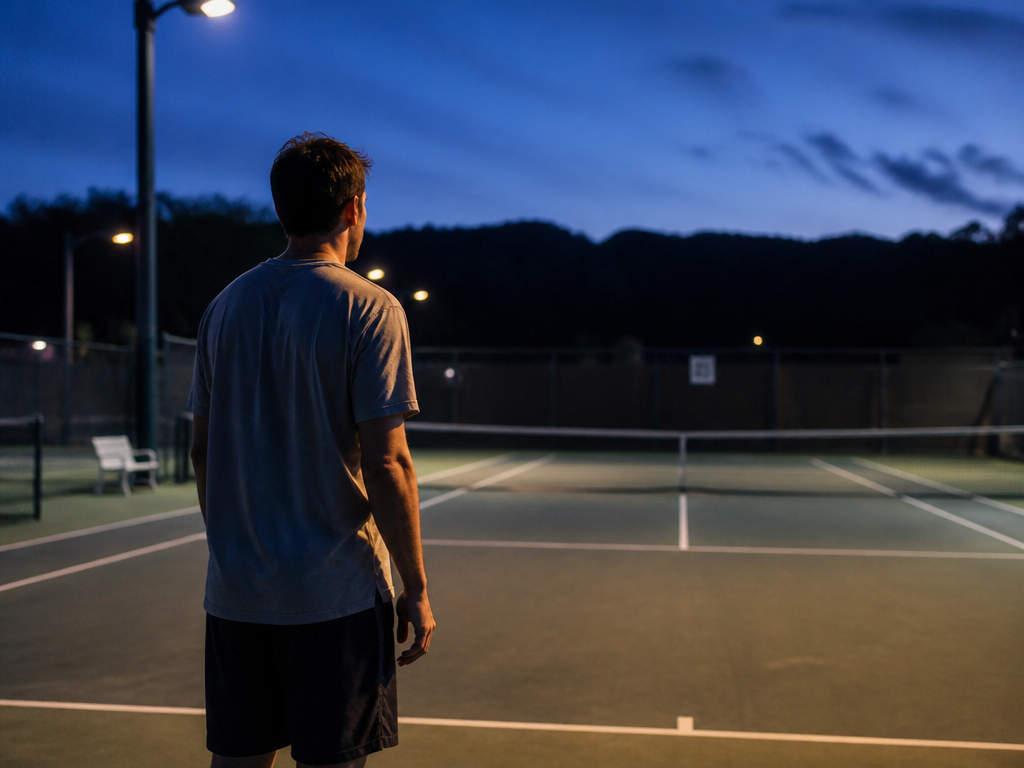 A photorealistic environmental portrait of a lone player in plain athletic wear standing at…