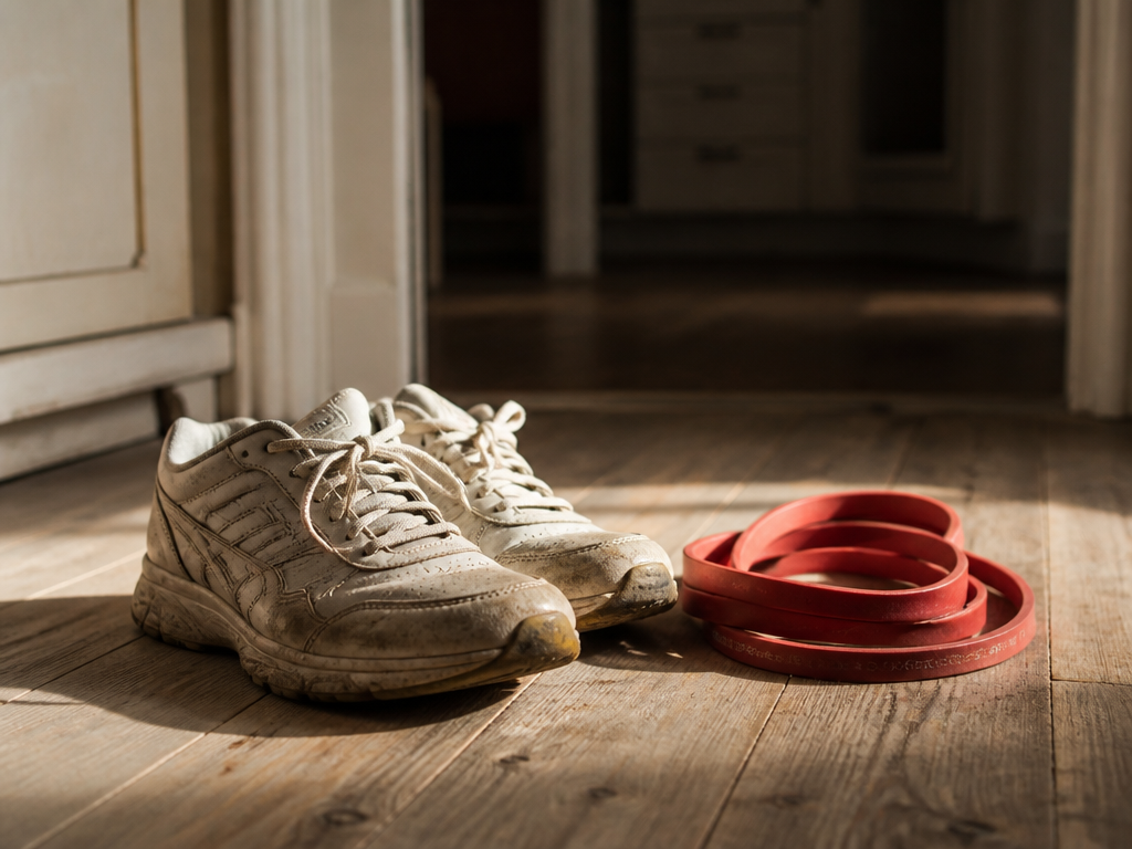 A close-up photorealistic photograph of a single pair of well-worn tennis shoes and a…