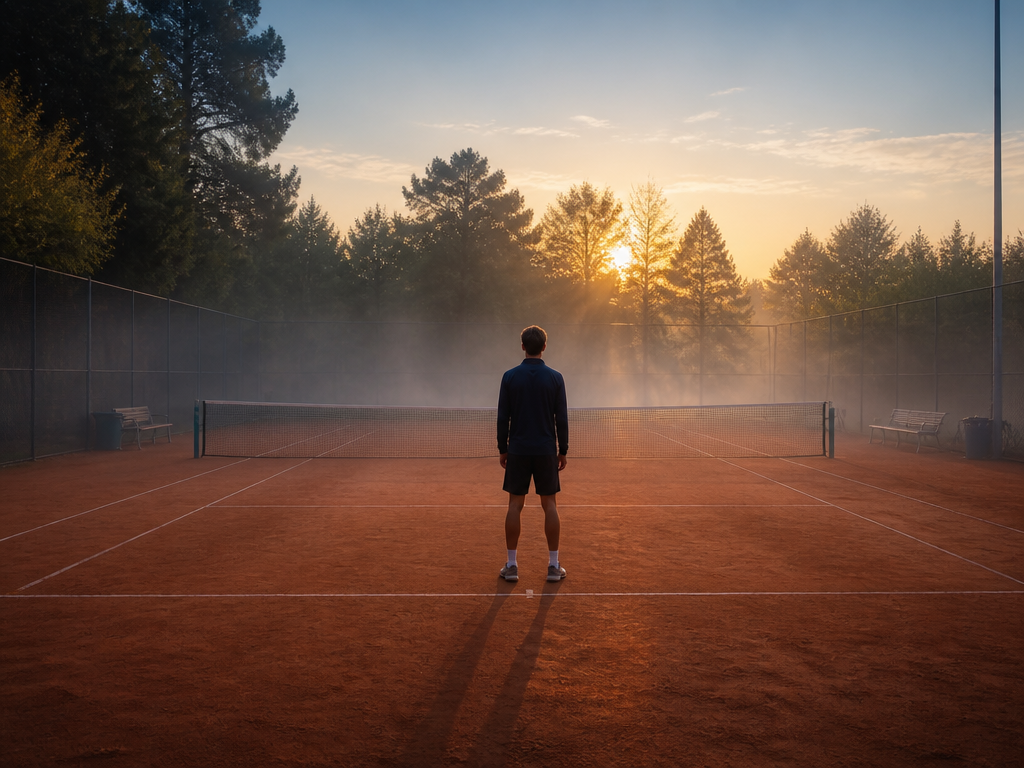 A photorealistic wide environmental portrait of a lone tennis player standing motionless at the…
