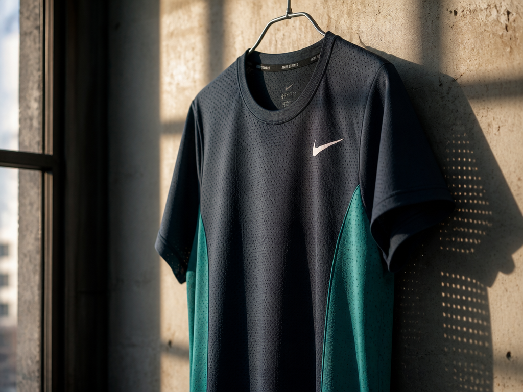 A photorealistic editorial product photograph of a single navy-and-teal ventilated tennis shirt hanging on…