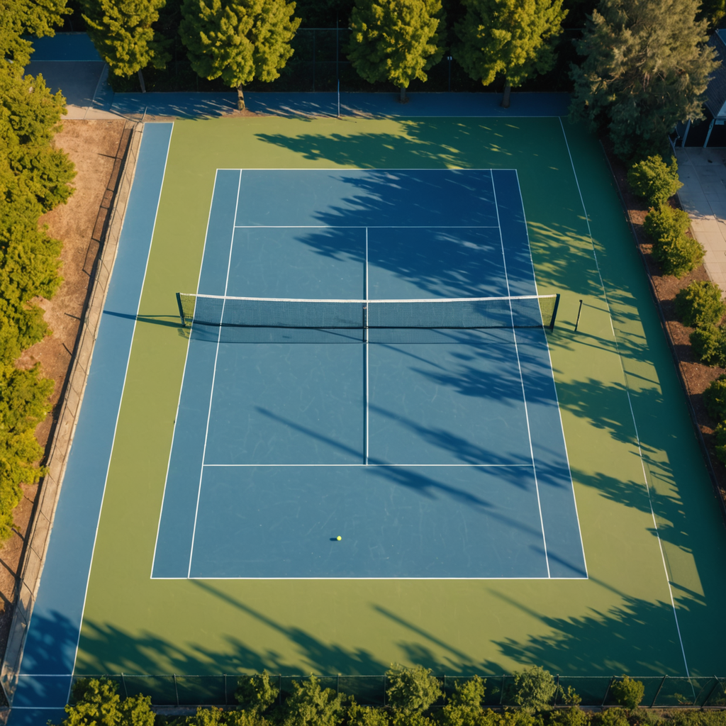 Overhead drone photograph of an empty blue and green hard tennis court captured at…