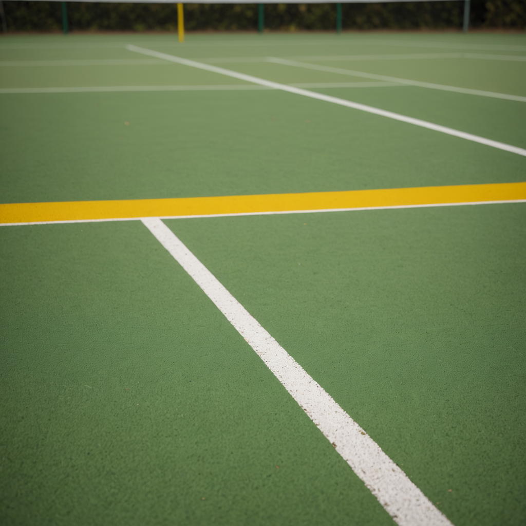 Close-up ground-level photograph of a weathered white tennis court baseline meeting the sideline at…