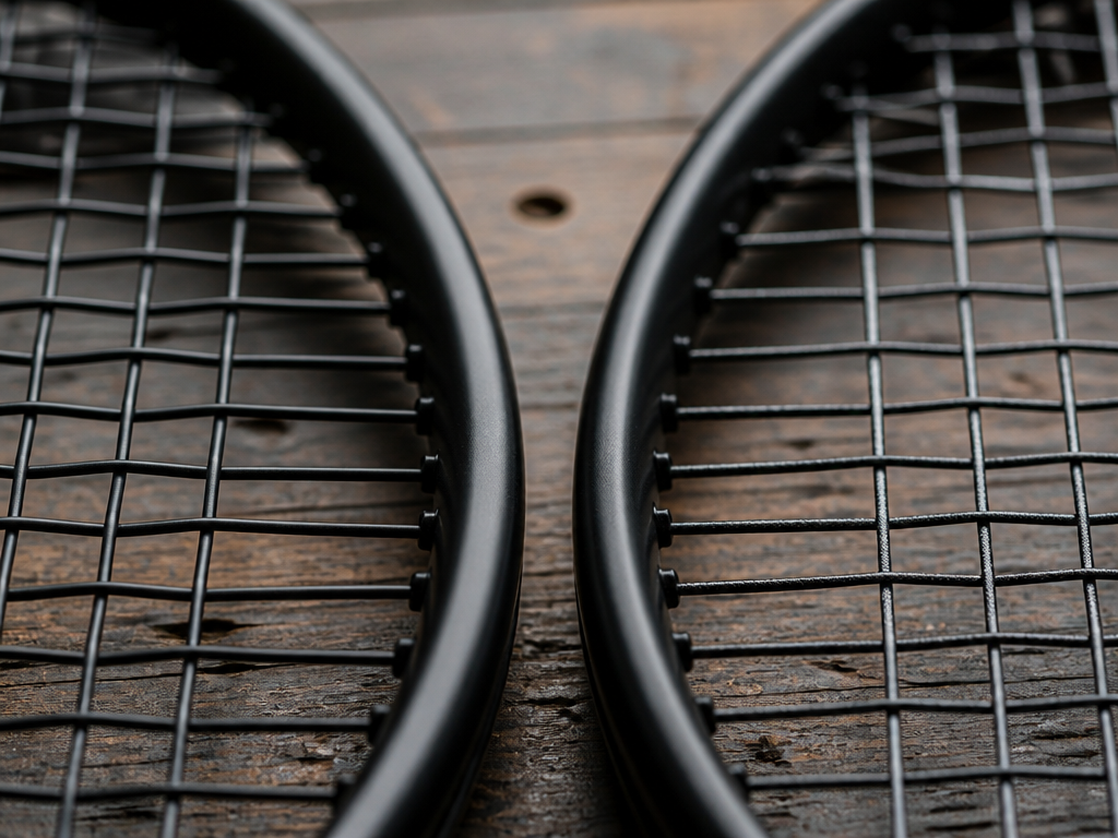A close-up macro photograph of two tennis racquet string beds laid side by side…