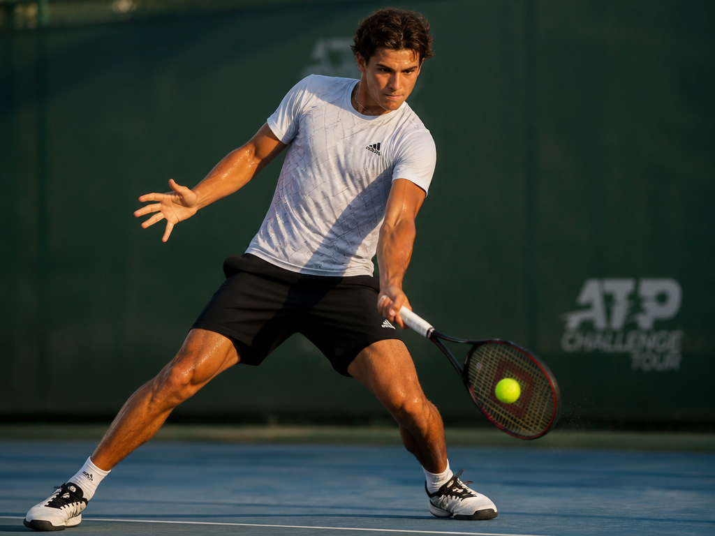 A photorealistic action photograph of a tennis player mid-forehand on a blue hard court…