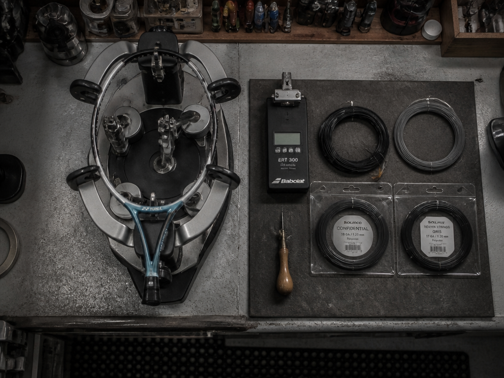 An overhead flat-lay photograph of a stringing machine bench in a small pro shop…