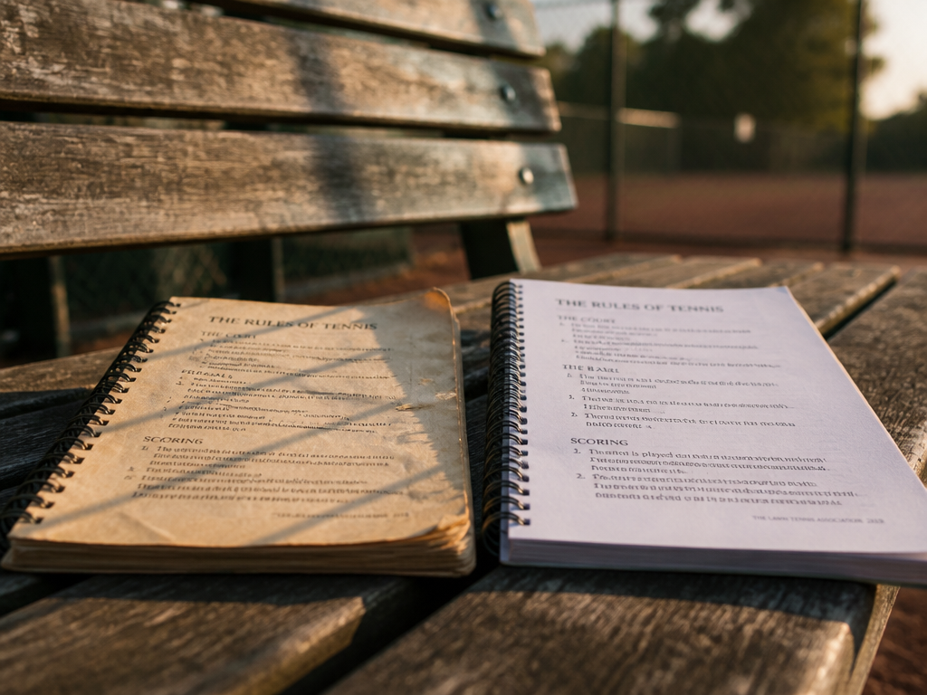 A weathered wooden club-level tennis court bench in late afternoon light, two spiral-bound rulebooks…