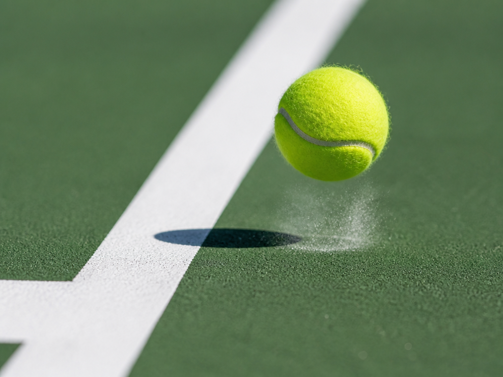 A tight low-angle photograph of a white court line on green hard court, a…
