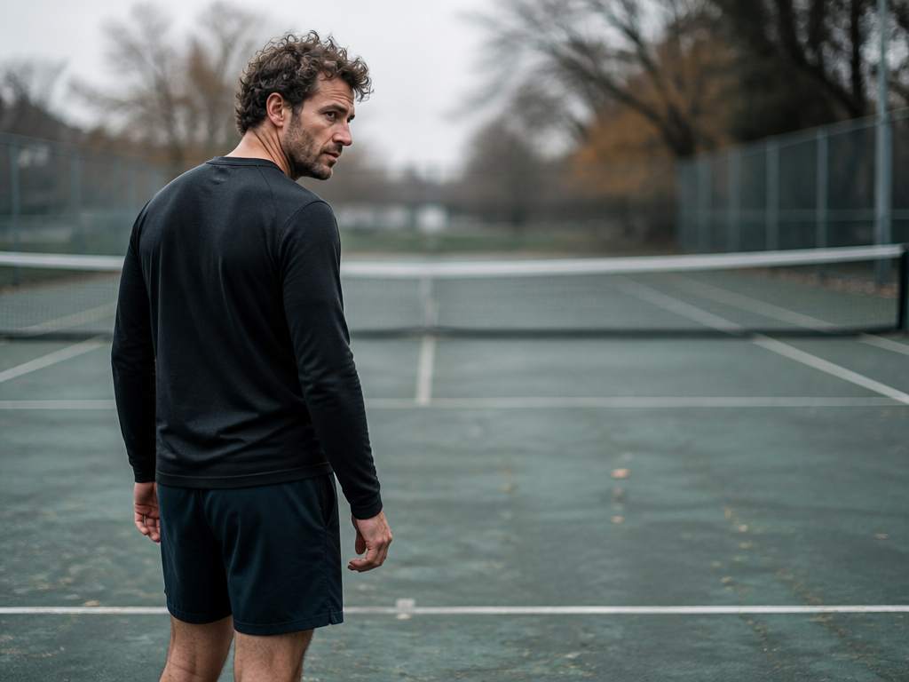 A lone adult player standing at the baseline of an empty public court in…