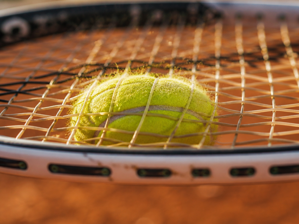 A tight low-angle photograph of a tennis ball compressed flat against the string bed…