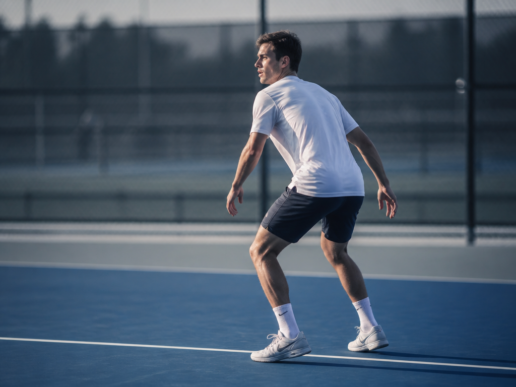 A photorealistic wide shot of a lone tennis player in a white shirt standing…