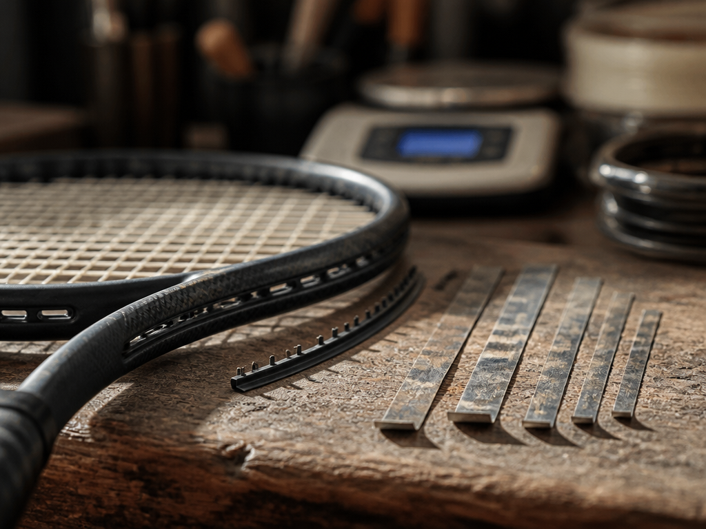 A close-up macro photograph of a matte-black tennis racquet head resting on a scarred…