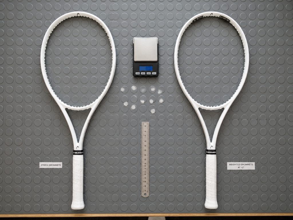 A wide overhead flat-lay photograph of a stringer's bench in a small racquet shop…