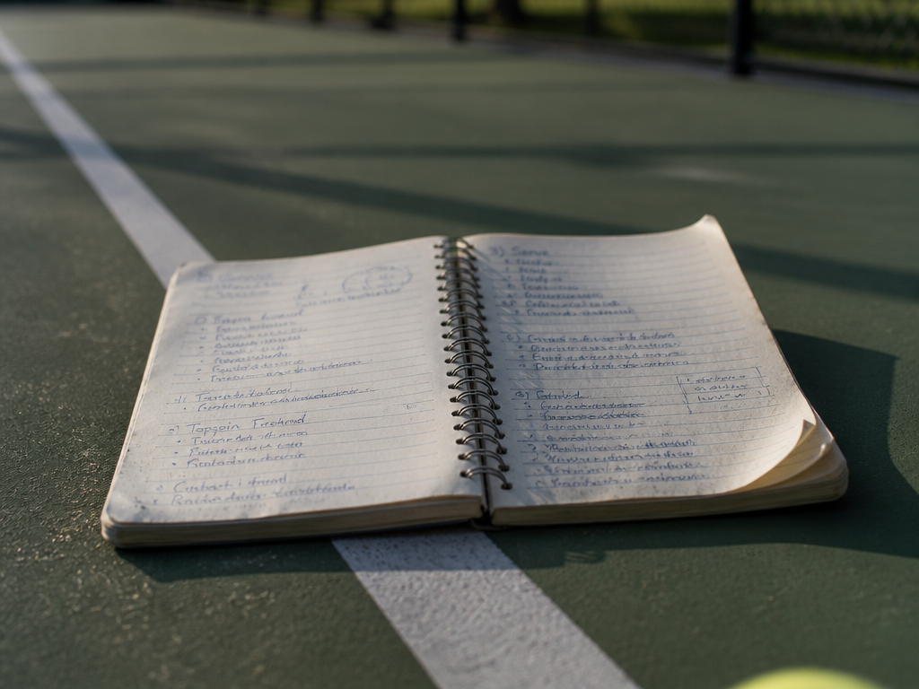 A photorealistic overhead close-up of a worn spiral notebook resting open on the green…