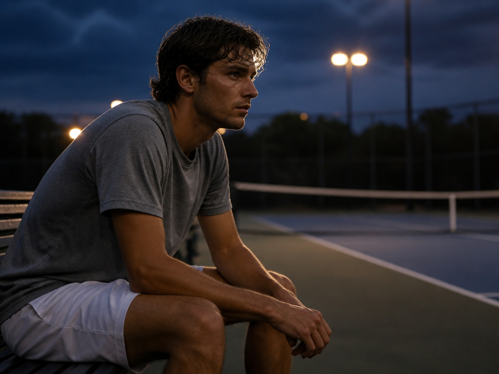 A photorealistic wide shot of a lone amateur tennis player in a plain grey…