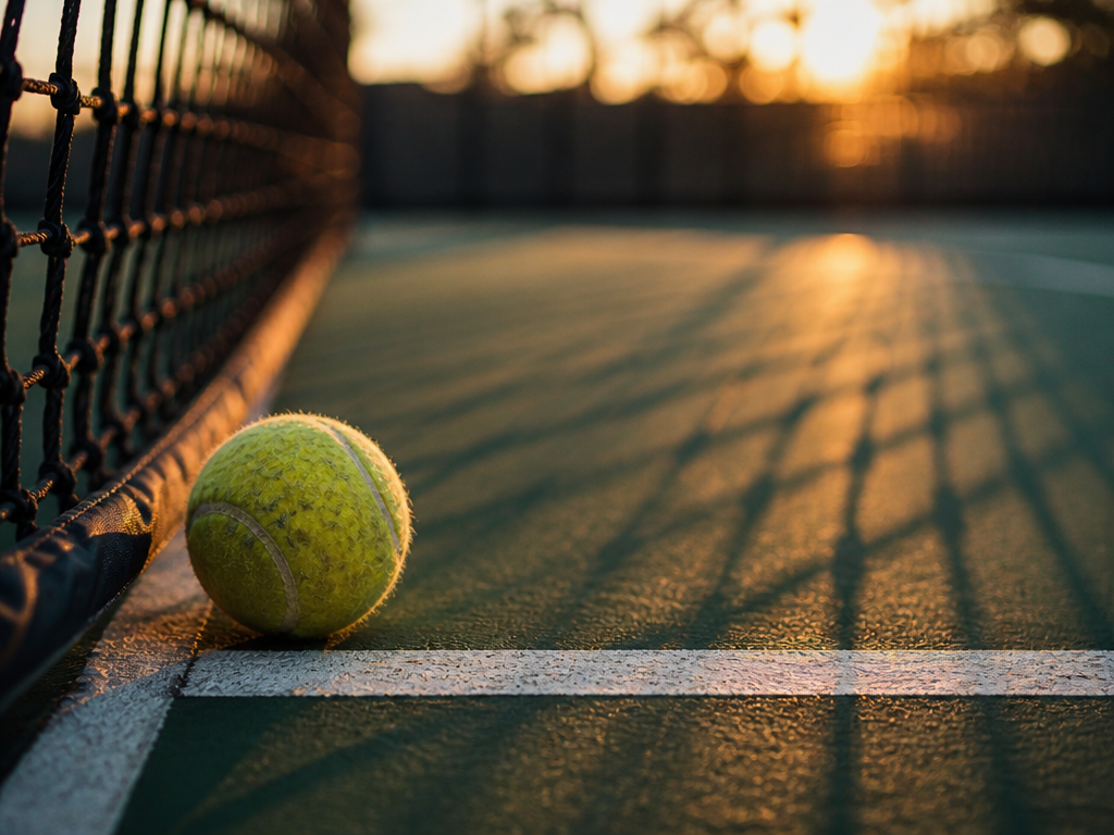 A close-up photograph of a worn tennis ball resting in the corner of an…